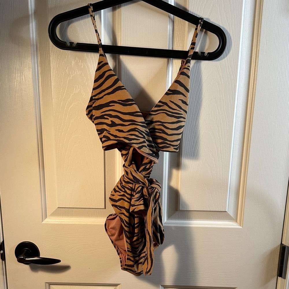 aerie Tiger Stripe One-Piece Swimsuit in Tan and Black